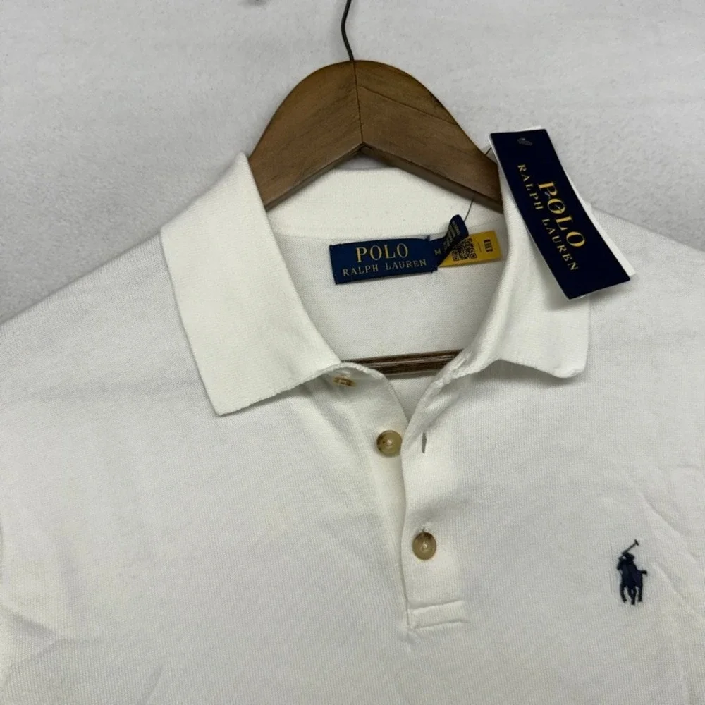 Ralph Lauren Sweater Polo Shirt men's Medium White Navy Pony Logo Knit Solid NEW